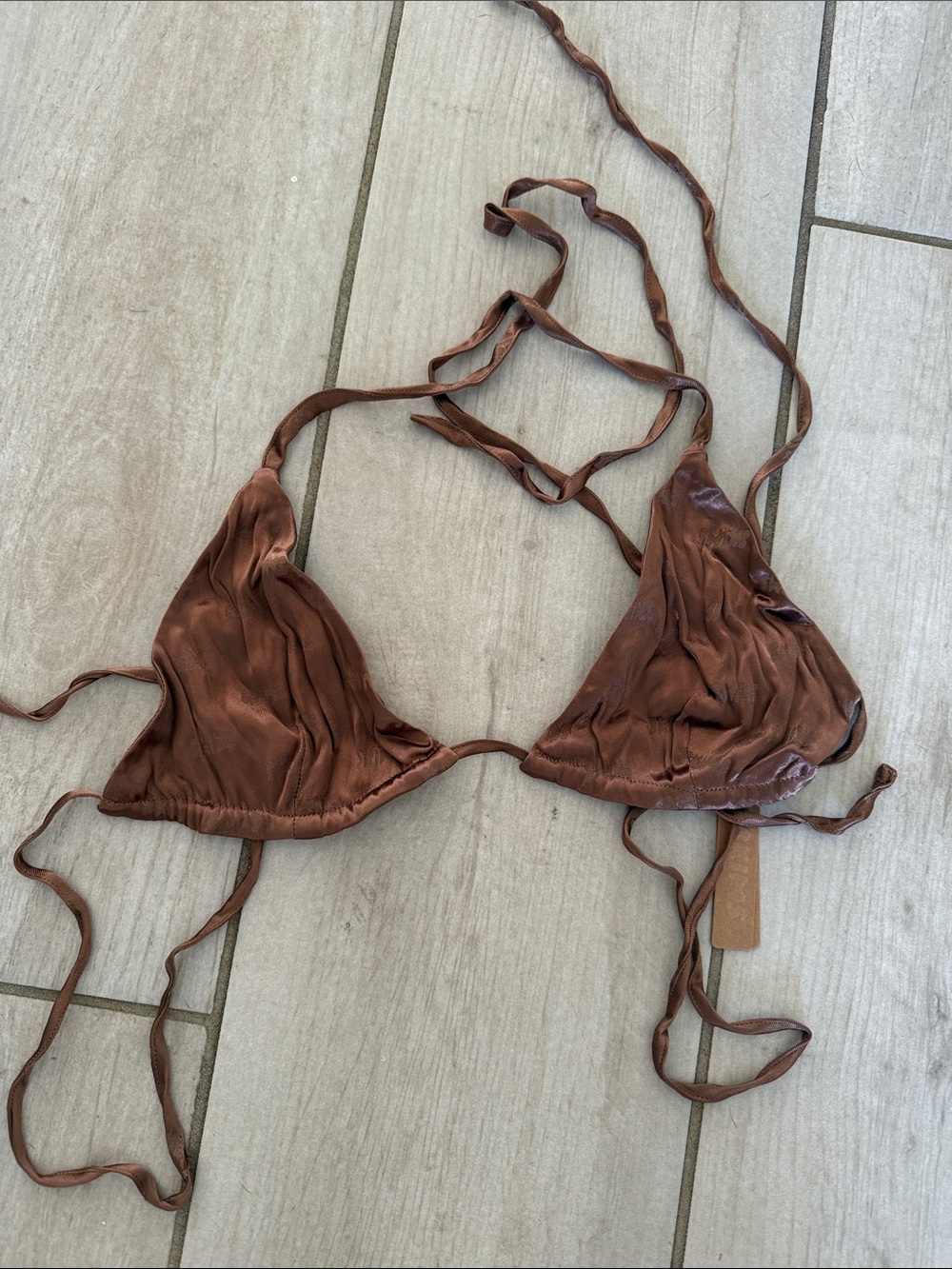 SKIMS Satin Triangle Bikini Top in Chocolate Brown